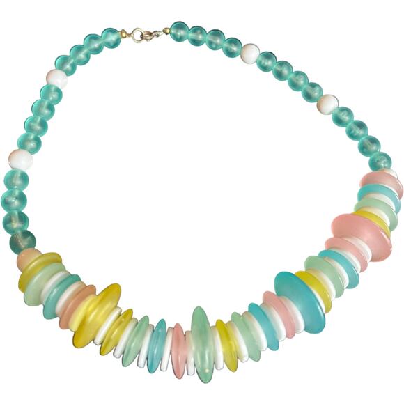 Vintage 80s Pastel Beaded Disc Statement Necklace Translucent Acrylic - Picture 6 of 7